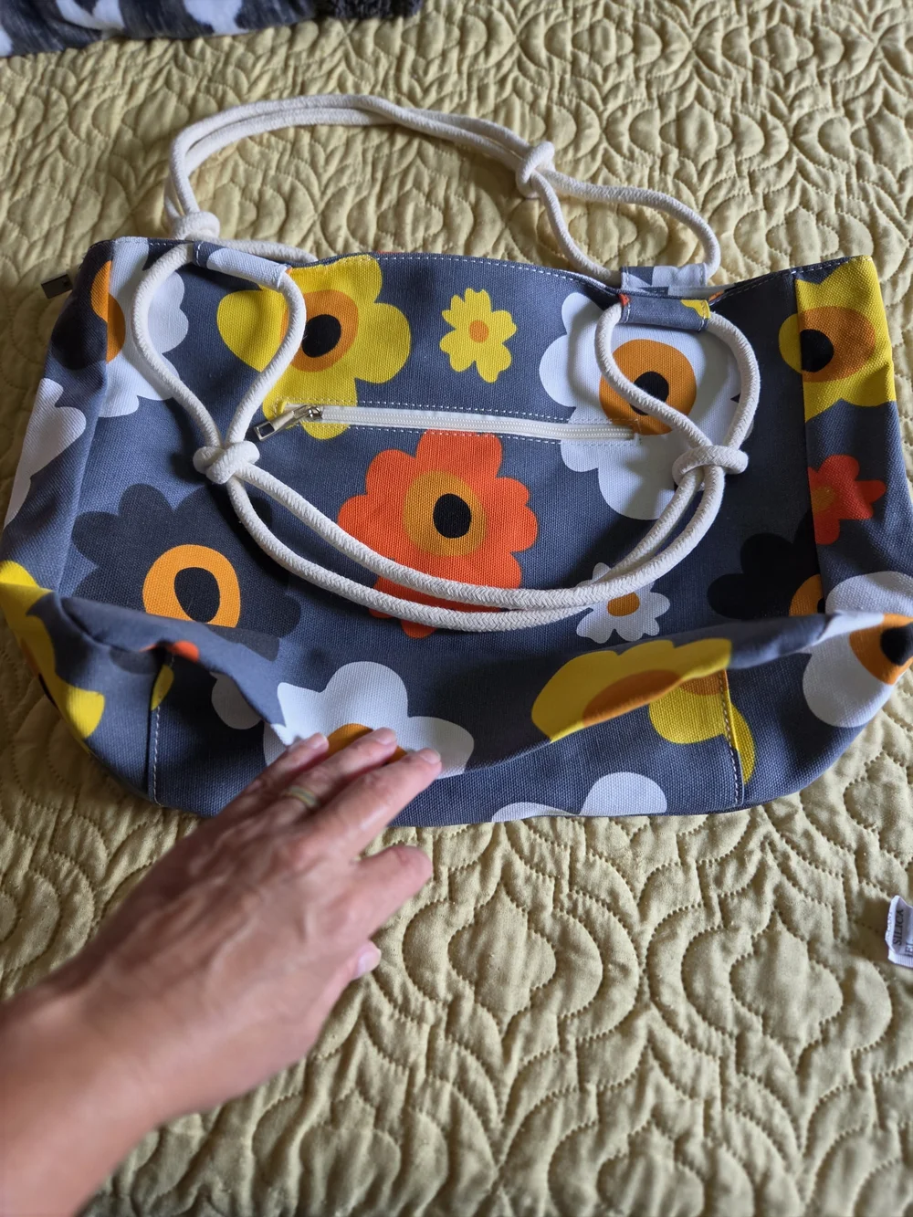 Farmhouse-Print Floral Rope-Handle Satchel in Yellow & Blue